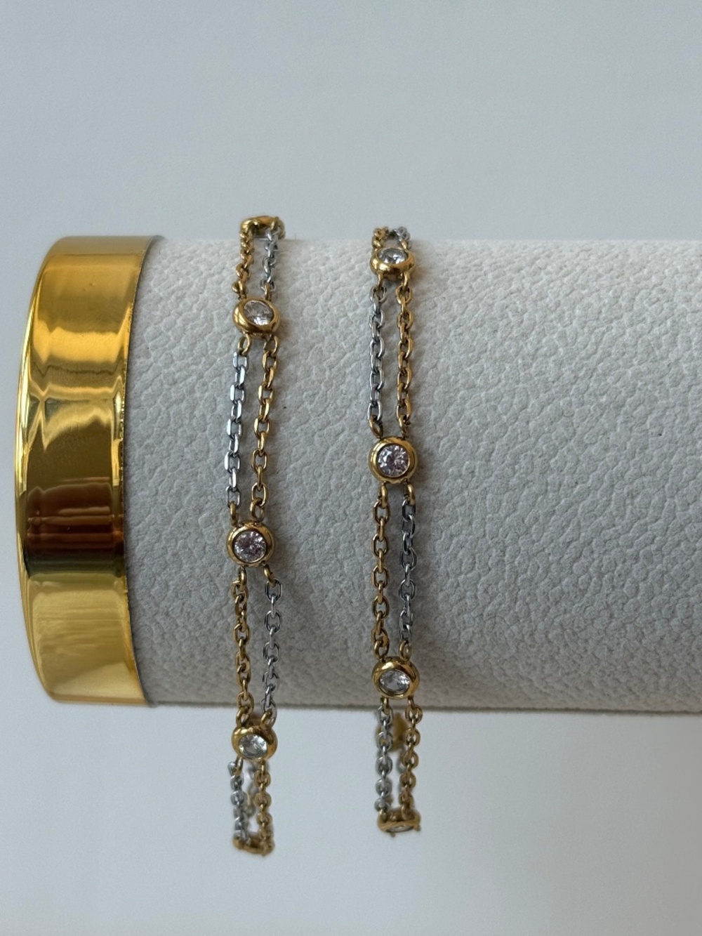 Gold & Silver Dual-Chain Stainless Steel Bracelet with Clear Crystal Accents